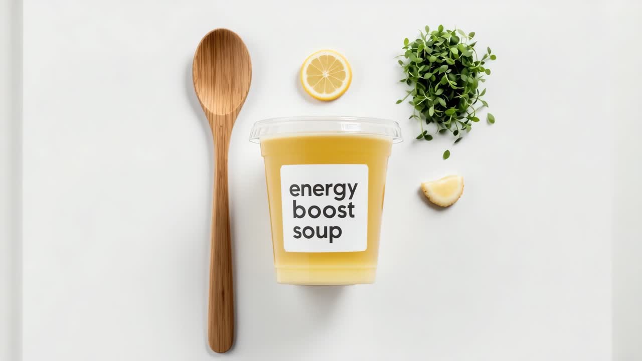 Yellow soup in a clear container is accompanied by a wooden spoon, a slice of lemon, and fresh herbs, creating a vibrant and fresh culinary scene on a clean white background