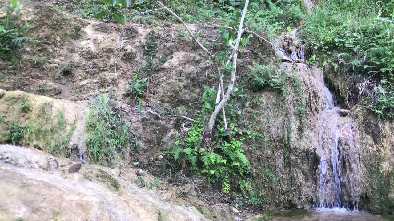 Rekaman indah air terjun hutan hujan tropis pegunungan di hutan Pulau Jawa.
