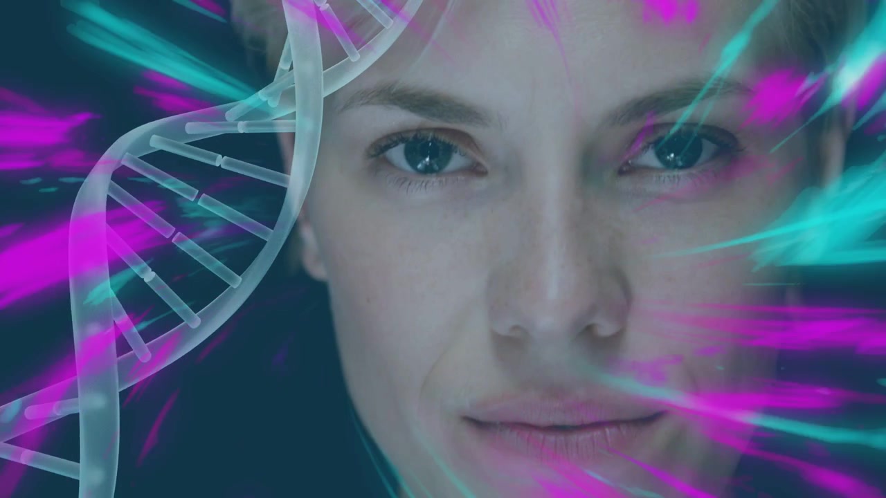 Objevuje se šroubovice, kamera se oddaluje, modelka drží pohled, proudí tyrkysové nebo purpurové pruhy pro biotechnologie.