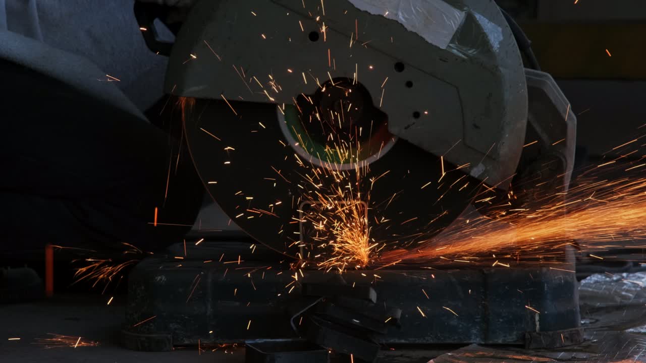 보호 안경과 건설 장갑을 입은 전문 남자들은 전기 강철 절단기 기계로 가정 작업장에서 일합니다. 금속을 절단하면 불꽃이 날아갑니다.