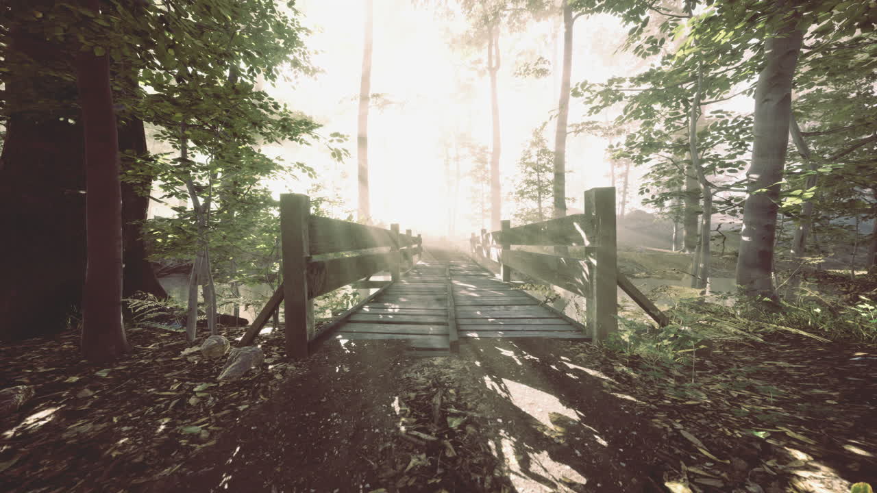 Mysterious wooden bridge leading into a sunlit forest clearing at dawn