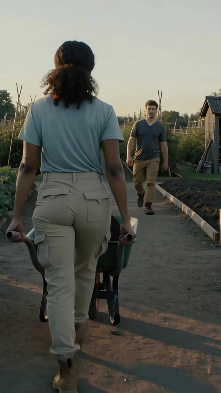 Video verticale: spingendo una carriola, una donna con pantaloni cargo e stivali cammina lungo il sentiero di un giardino, un uomo le viene incontro