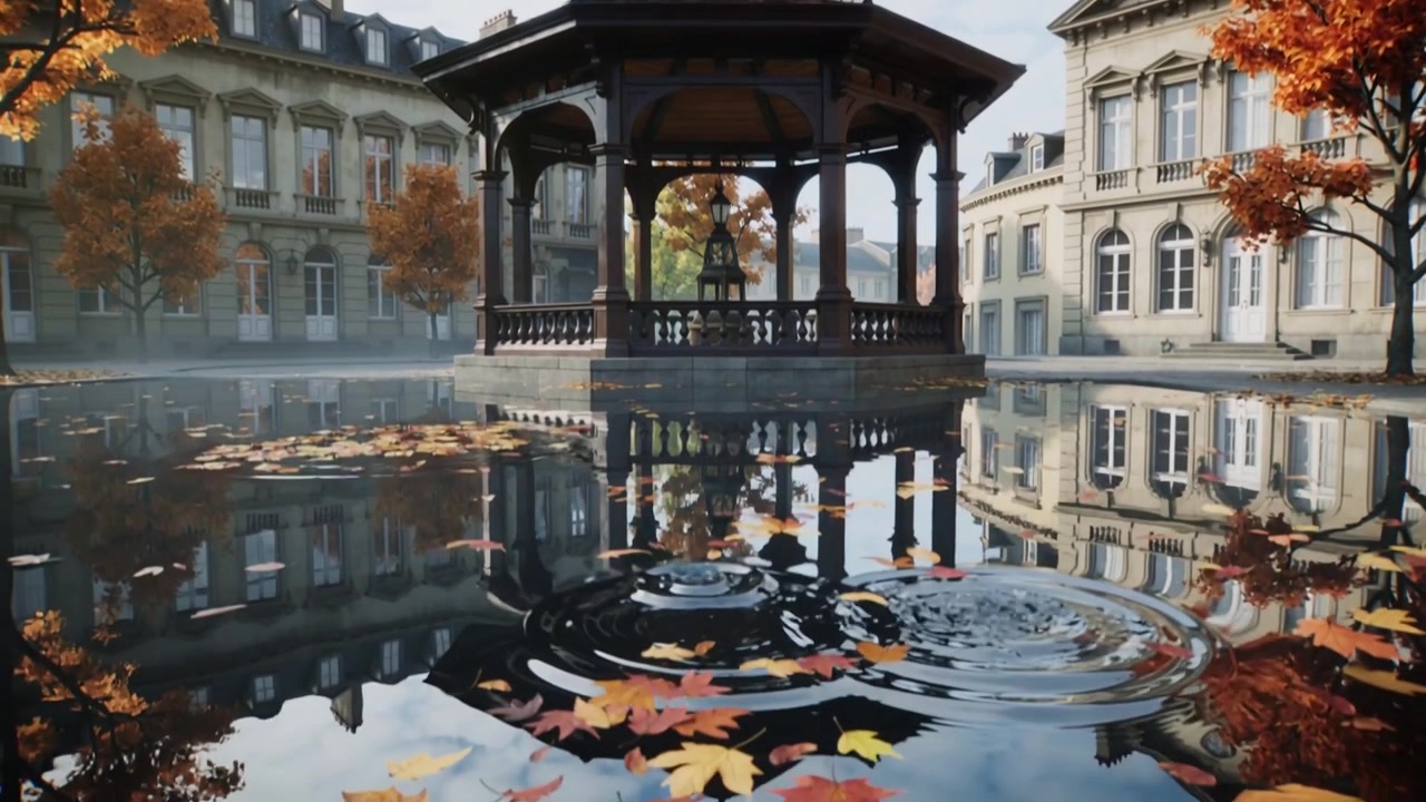 Gazebo ottagonale situato in uno stagno di un cortile formale, con un disturbo che crea increspature che distorcono il riflesso.