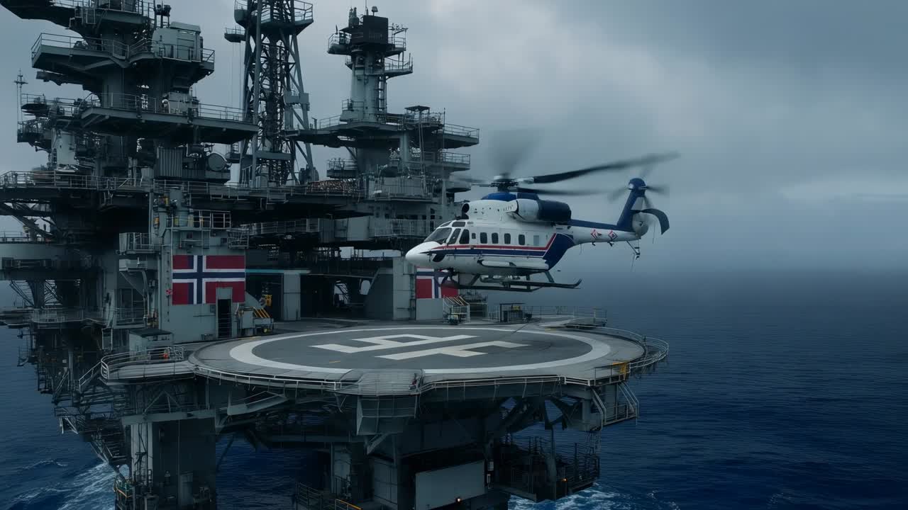 Coming from right, transport helicopter descending onto offshore helipad, showing Norwegian flag
