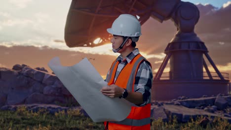 side view of asian male engineer with safety helmet looking at blueprint in his hands and looking around while standing with large satellite dish
