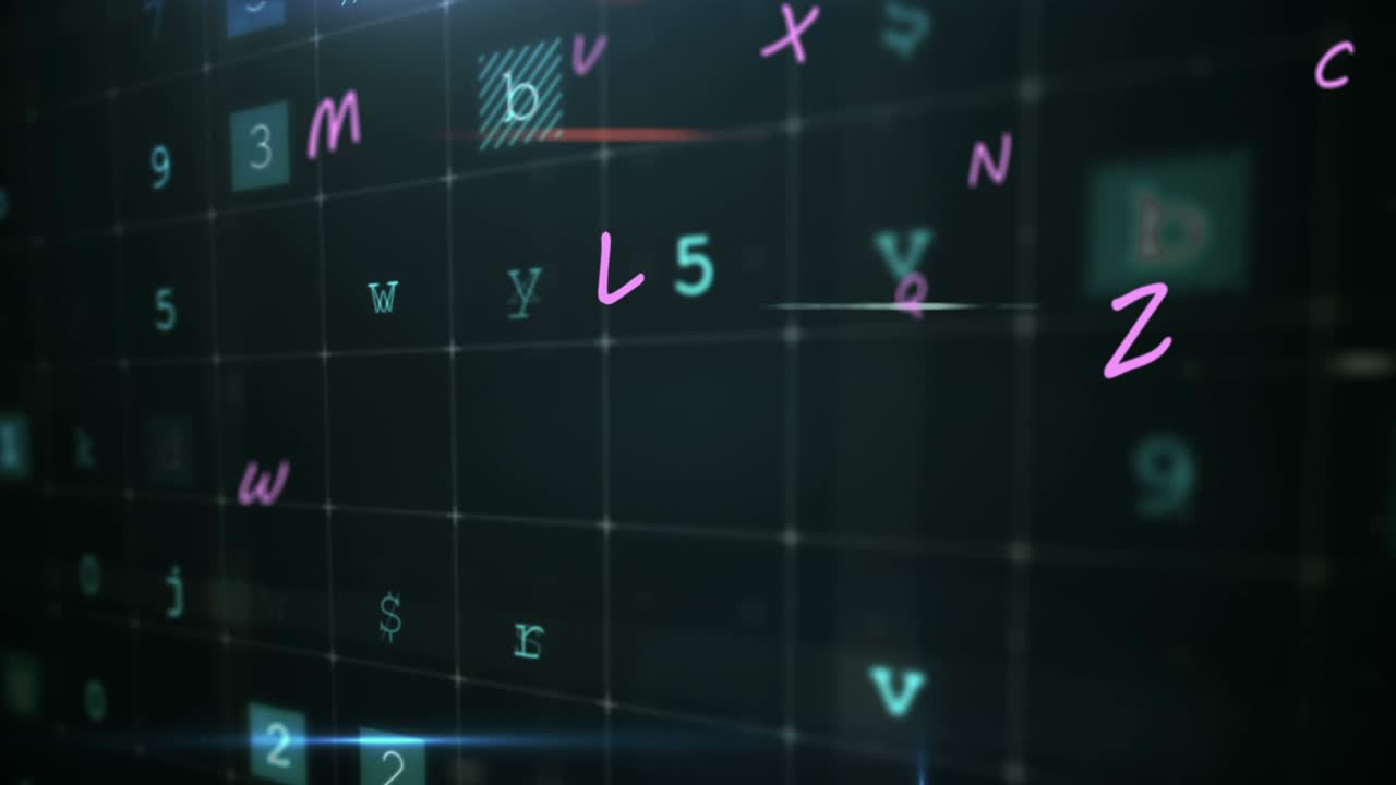 Animation of floating letters over scientific data processing