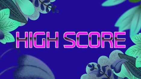 animación de texto de puntaje alto sobre iconos de flores sobre fondo azul