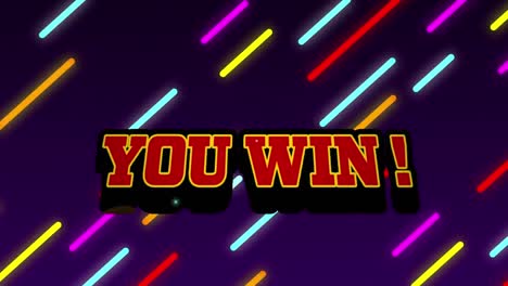 animation of you win text over neon stripes on purple background