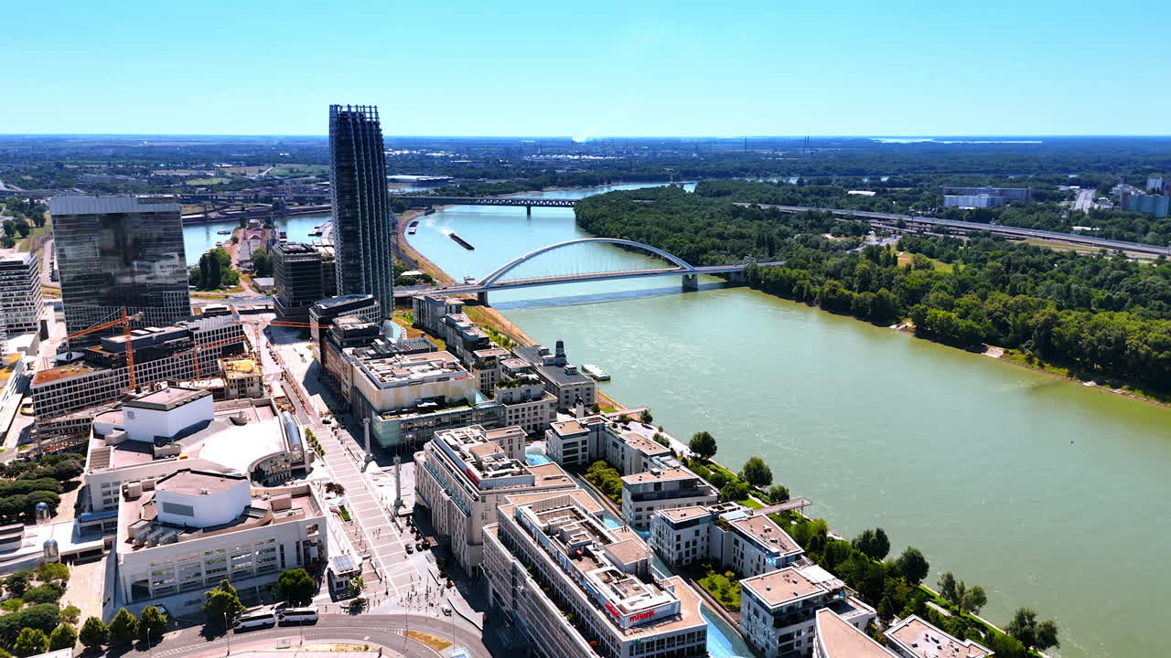 Bratislava river skyline. A vibrant view of Bratislava's cityscape alongside the river, showcasing modern architecture and lush greenery