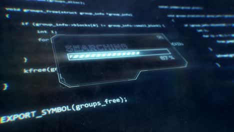 computer code displayed on sci-fi screen as searching message is displayed