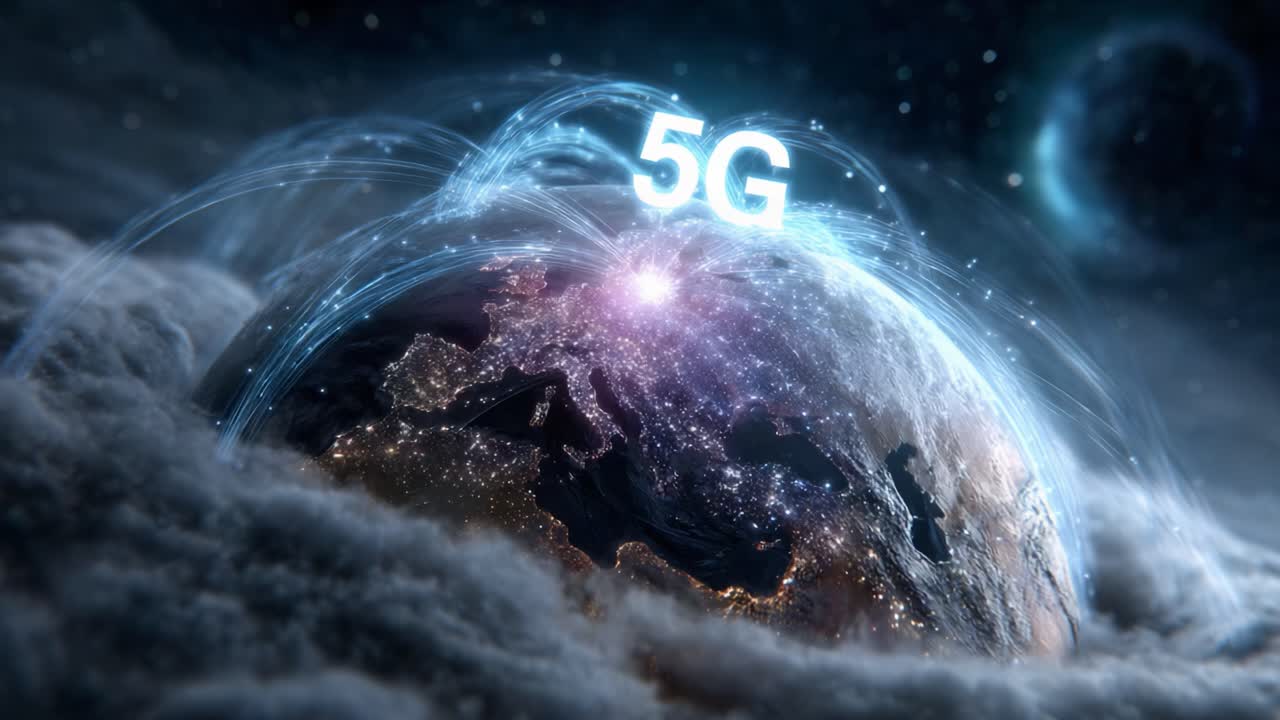 A Stunning Visualization of 5G Connectivity Over a Beautifully Rendered Earth, Capturing the Intersection of Technology and Global Communication in Motion