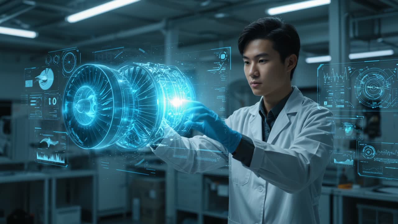 A Young Engineer Interacting with Holographic Technology to Simulate and Analyze Advanced Jet Engine Components in a Modern Laboratory Environment