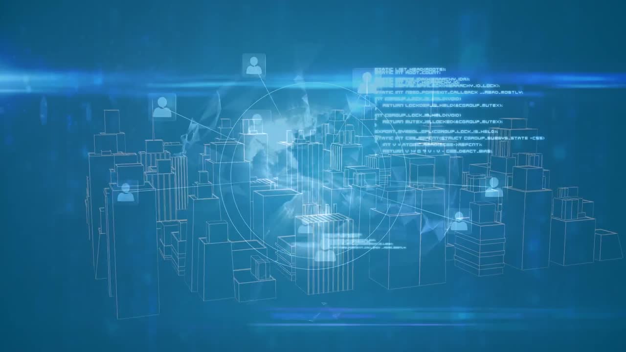 지구상의 프로필 아이콘과 파란색 배경에 회전하는 3d 도시 모델에 대한 데이터 처리