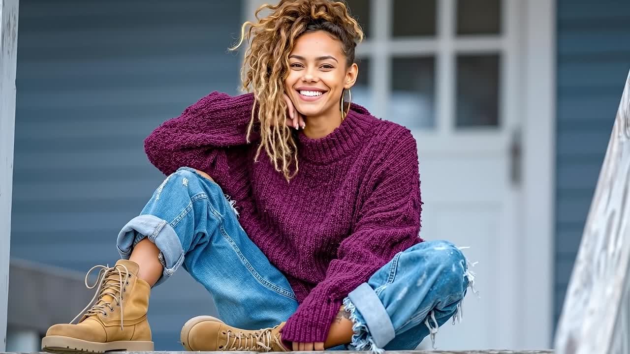 A woman sitting on the steps of a house smiling