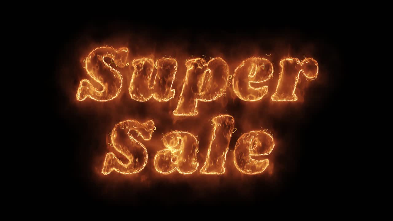 Super sale word hot animated burning realistic fire flame and smoke seamlessly loop animation on