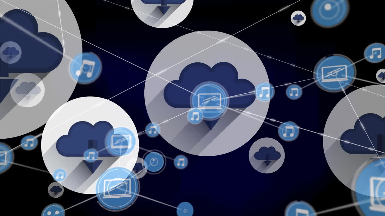 Animation of network of connections over clouds on black background