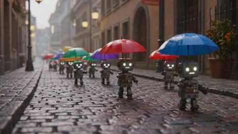 a charming parade of little robots with colorful umbrellas walking down a cobblestone street in a scenic atmosphere