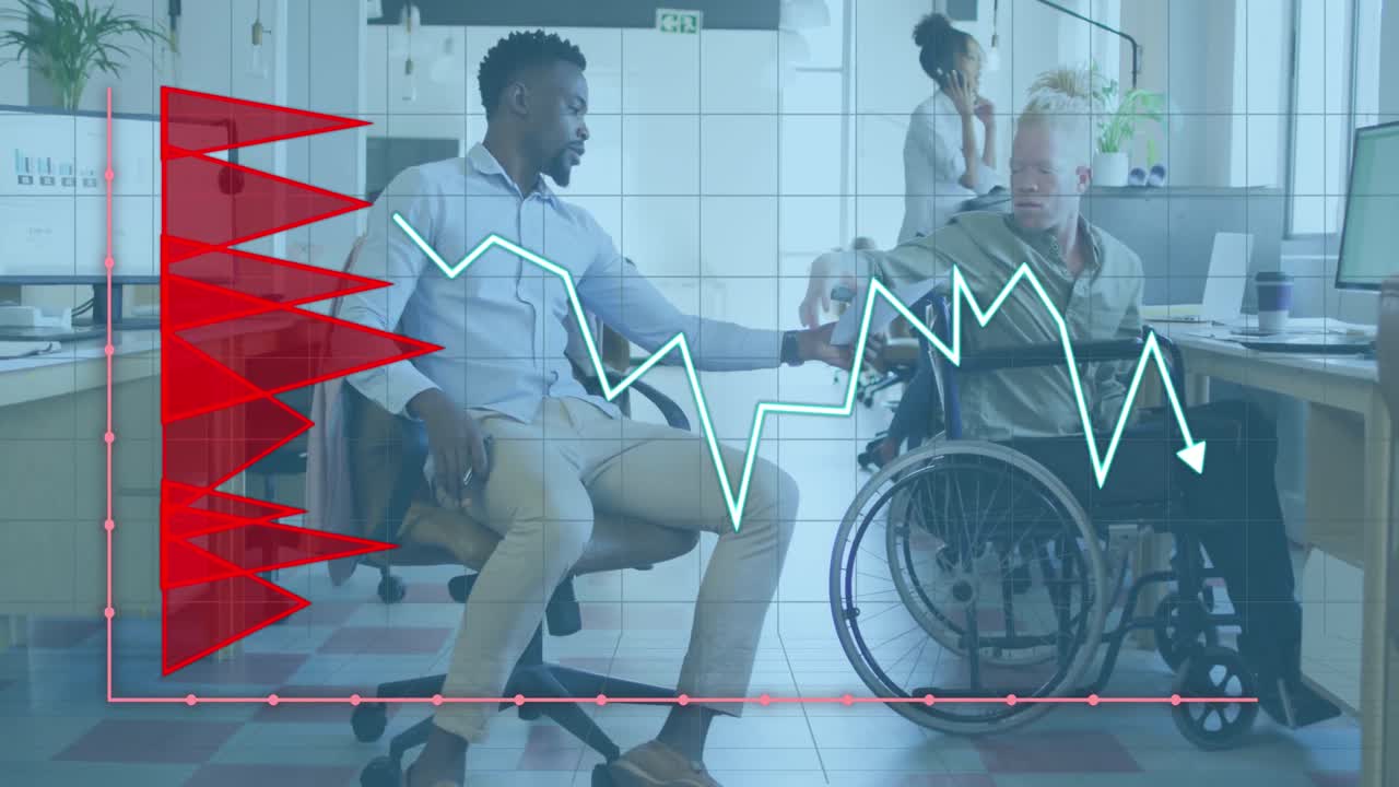 Animation of data processing over disabled and diverse business people in office