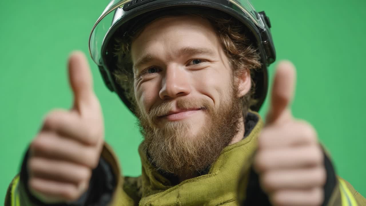 Confident Firefighter Giving Thumbs Up in a Green Screen Setting, Exuding Enthusiasm and Professionalism, Ready for Action and Team Spirit