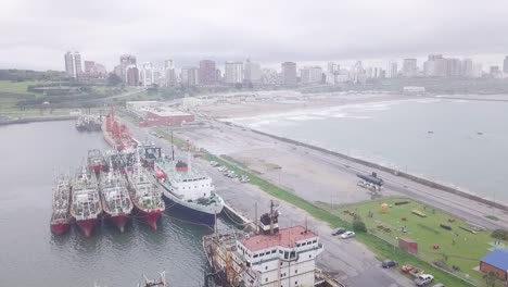 aerial view of a coastal city with a busy port and ships