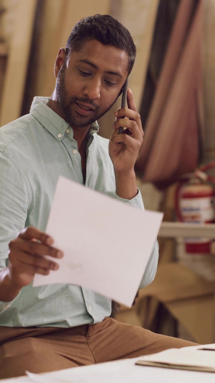 Man Talking on Phone and Reviewing Documents in Workshop