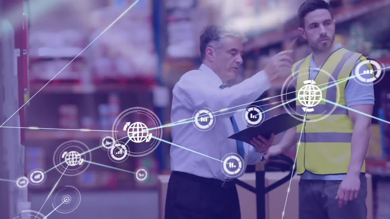 Animazione di una rete di connessioni con icone su diversi lavoratori in un magazzino.