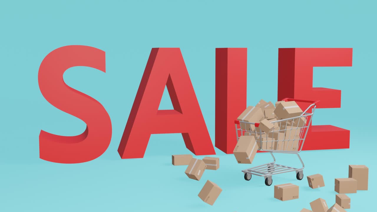 un video de animación 3d realista que muestra un carrito de compras deslizándose en la escena con una gran caída de productos apilados en concepto, venta y promoción de marketing de descuento en pantalla verde.