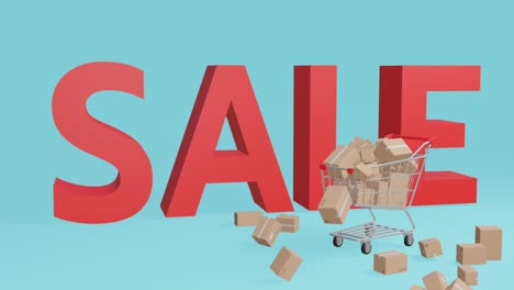 un video de animación 3d realista que muestra un carrito de compras deslizándose en la escena con una gran caída de productos apilados en concepto, venta y promoción de marketing de descuento en pantalla verde.
