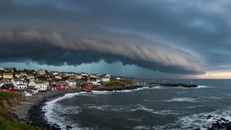 coastal village under a dramatic storm cloud