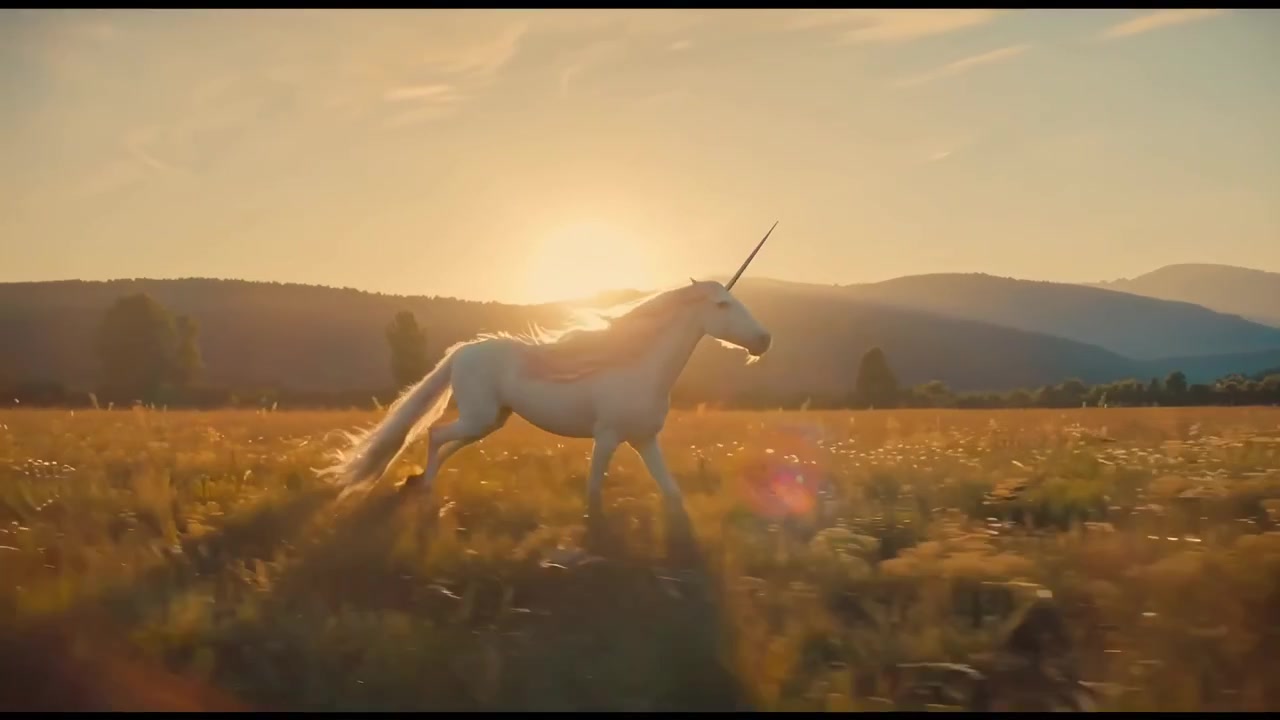 Majestic White Unicorn Galloping Through a Golden Meadow at Sunset