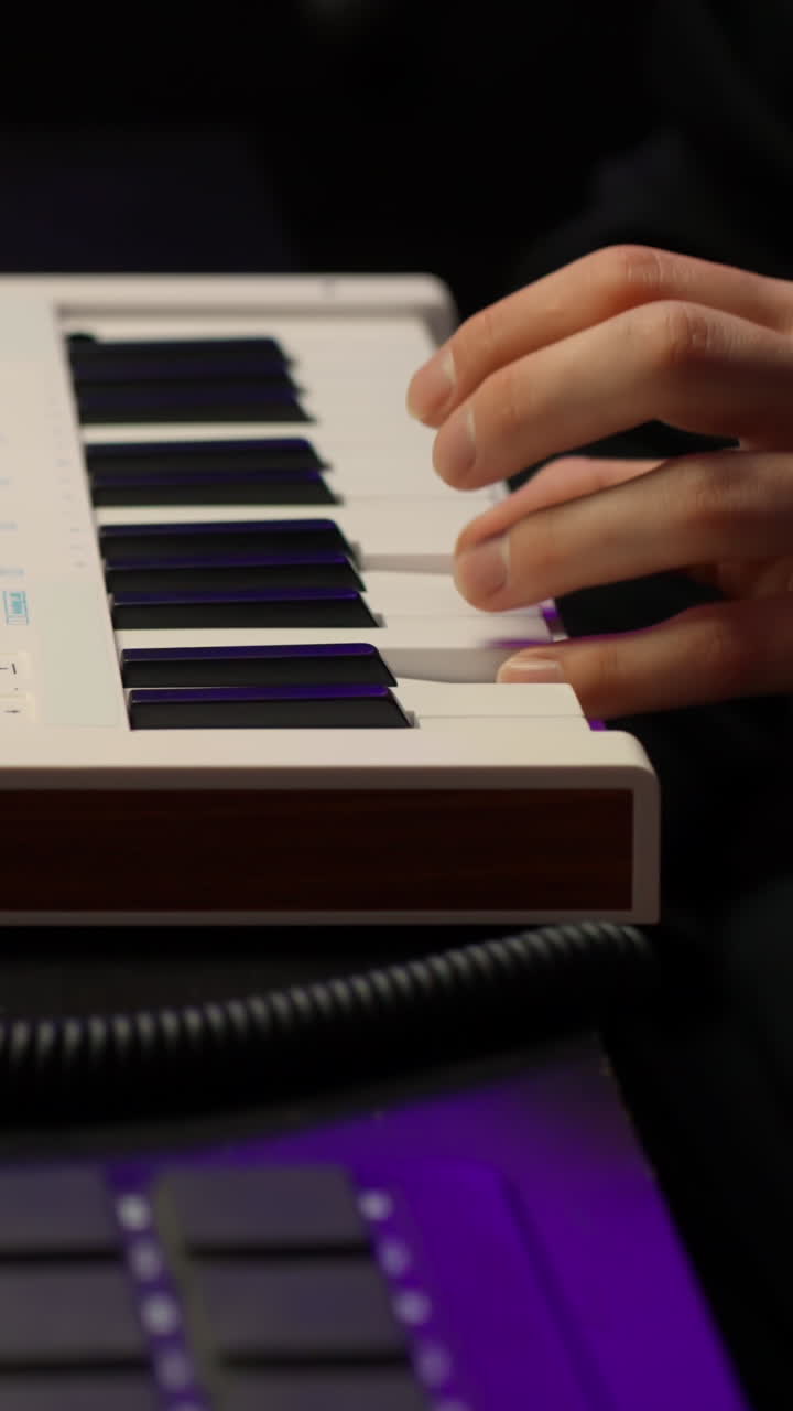 Nærbillede af hænder der spiller på keyboard under en musikproduktionssession, vertikal detalje