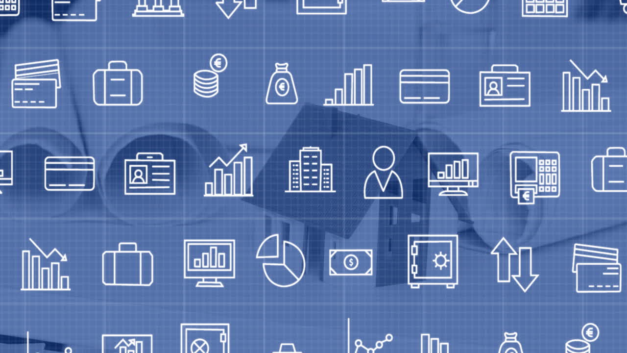 animación de iconos empresariales y procesamiento de datos financieros en el escritorio de la oficina