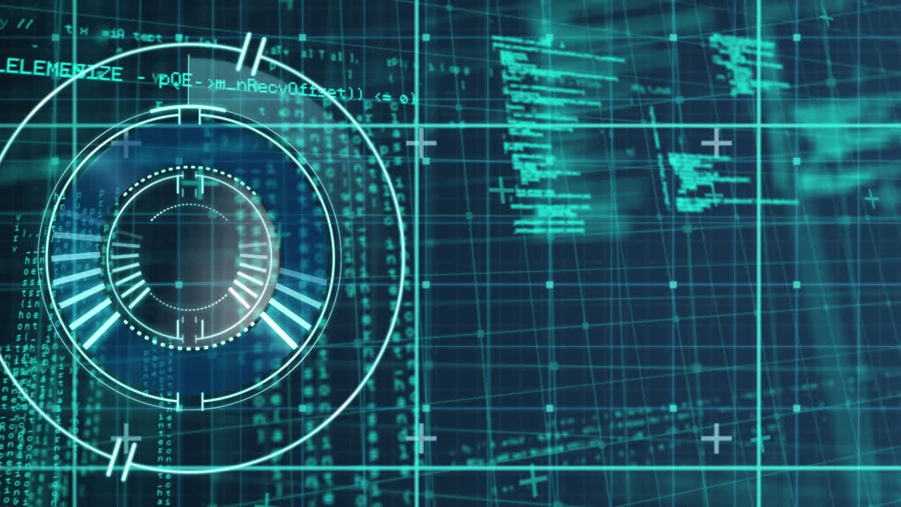 animación de círculos de carga sobre el patrón de cuadrícula contra el lenguaje informático en un fondo abstracto.