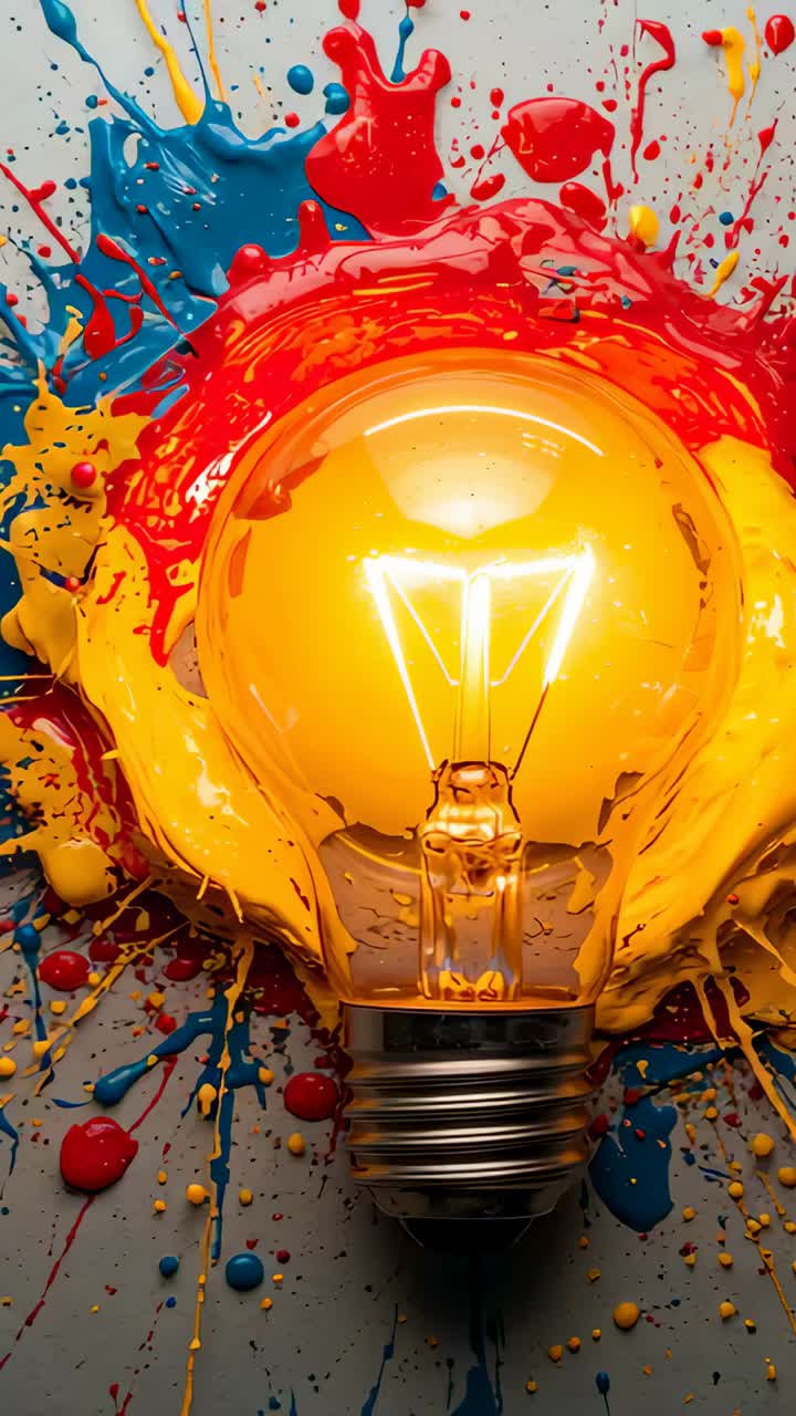 Vertical video: Red jet erupting behind glowing bulb, splattering red paint over yellow blue panel