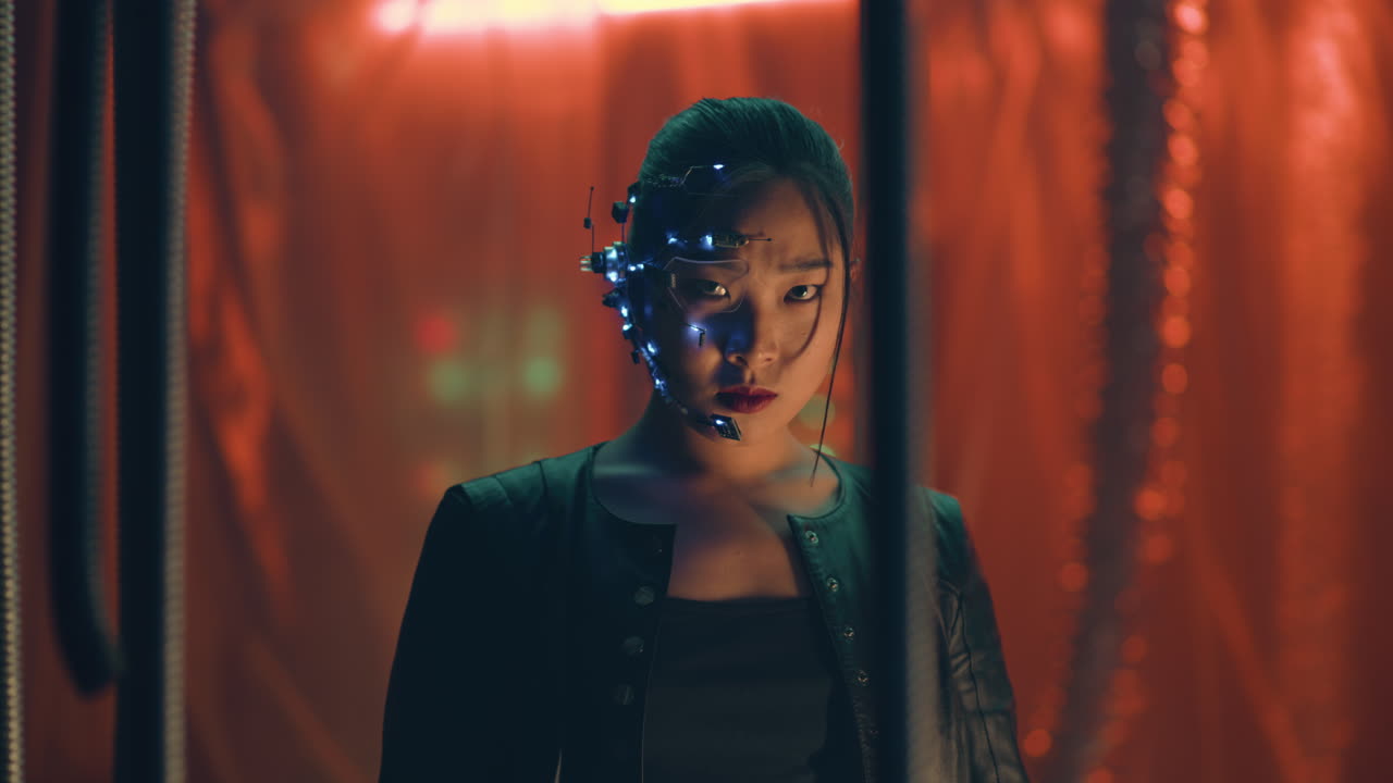 una mujer cyberpunk en una jaula.