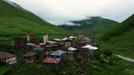 small village of ushguli on a gloomy weather during rainy day in svaneti, georgia