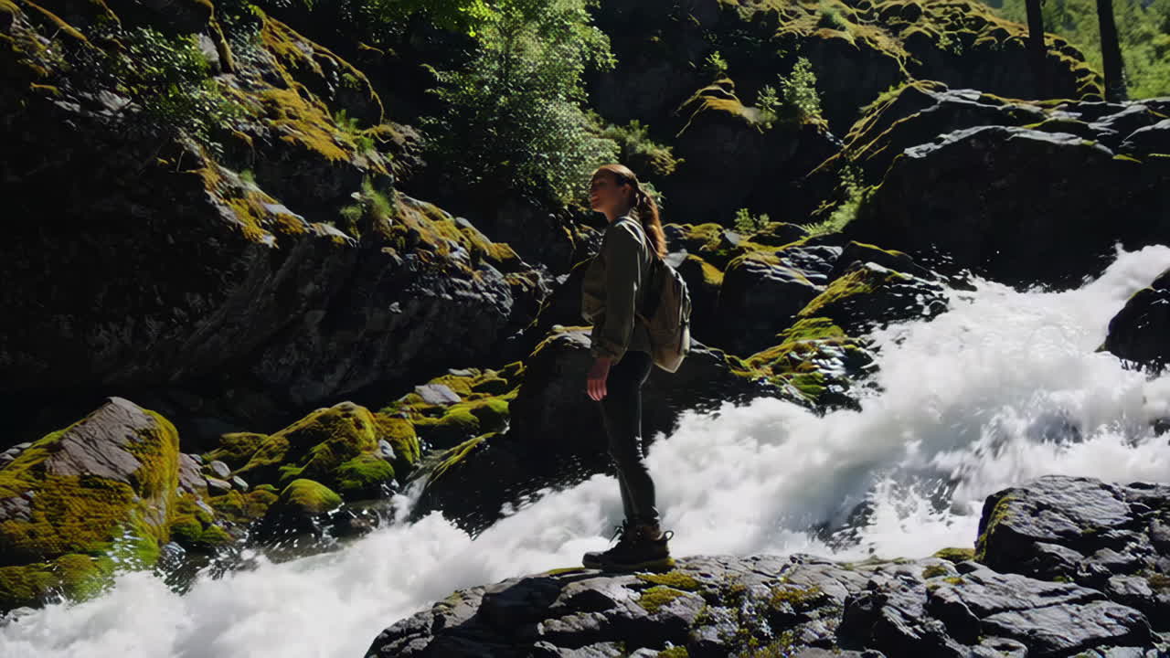 Woman Hiking Through a Mountain Waterfall