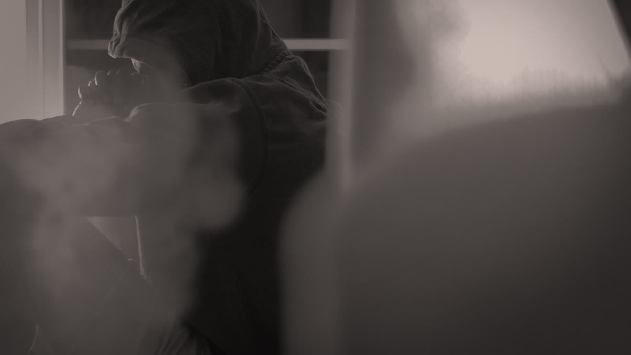 거리 안개 연기에 앉아 둔한 색상의 우울한 남자