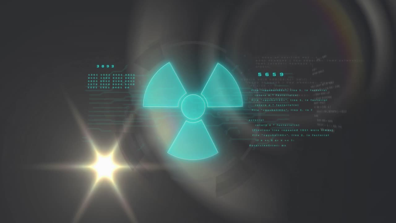 검은색 바탕에 숫자와 컴퓨터 언어로 박이는 파란색 기하학적 모양의 애니메이션