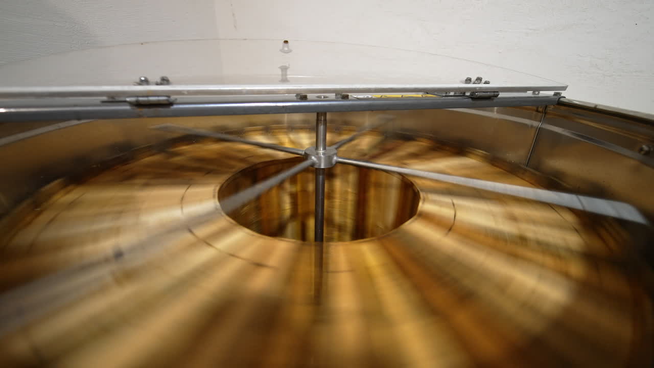 Extracting fresh organic honey in the electric centrifuge appliance. Special machine with centrifuge mechanism rotates the frames with honey.