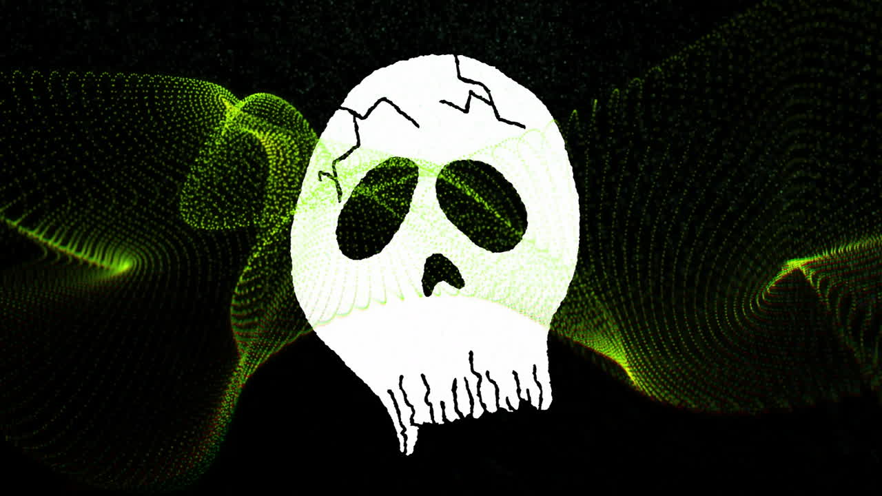 Animation of cracked white skull over green digital wave pattern on black background