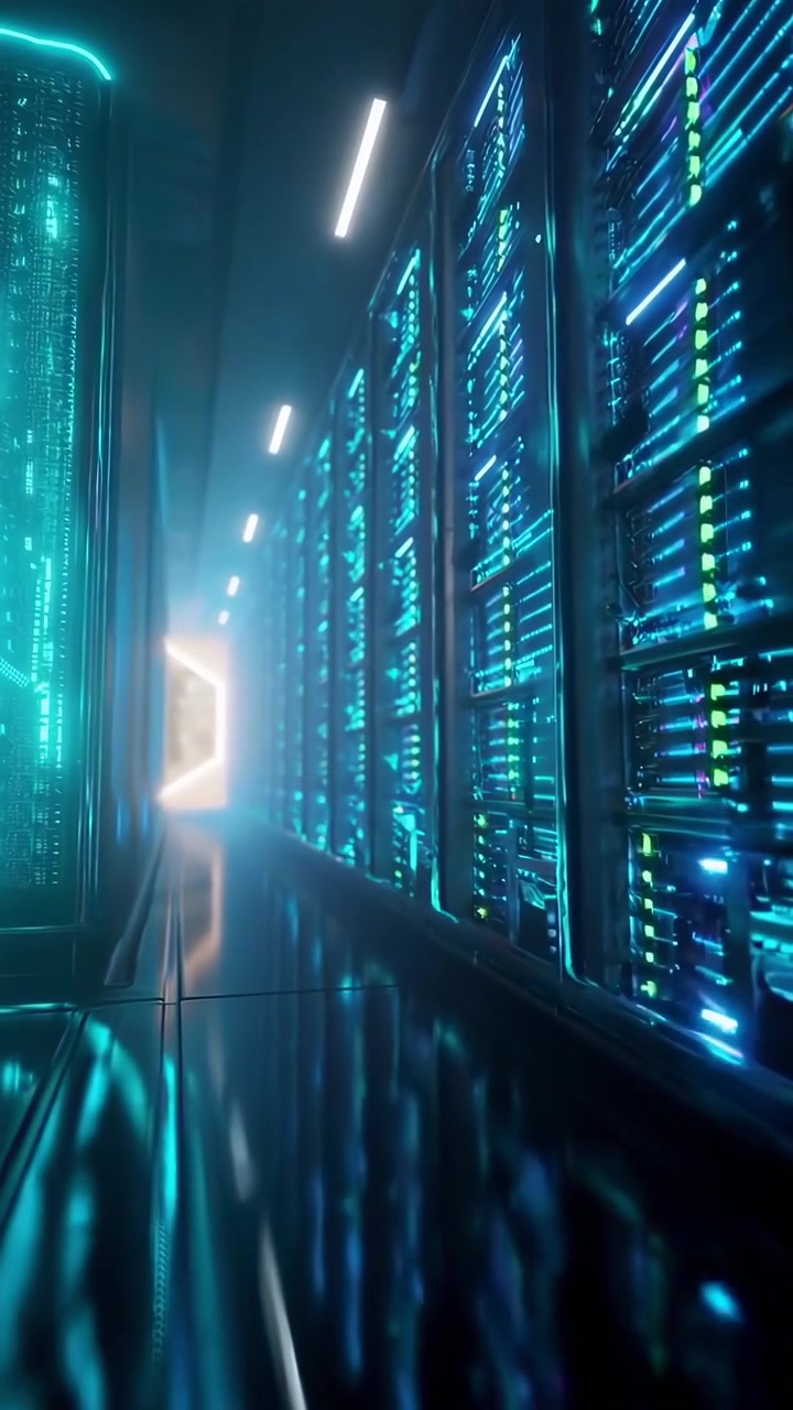 Futuristic Server Room with Glowing Blue Data Racks