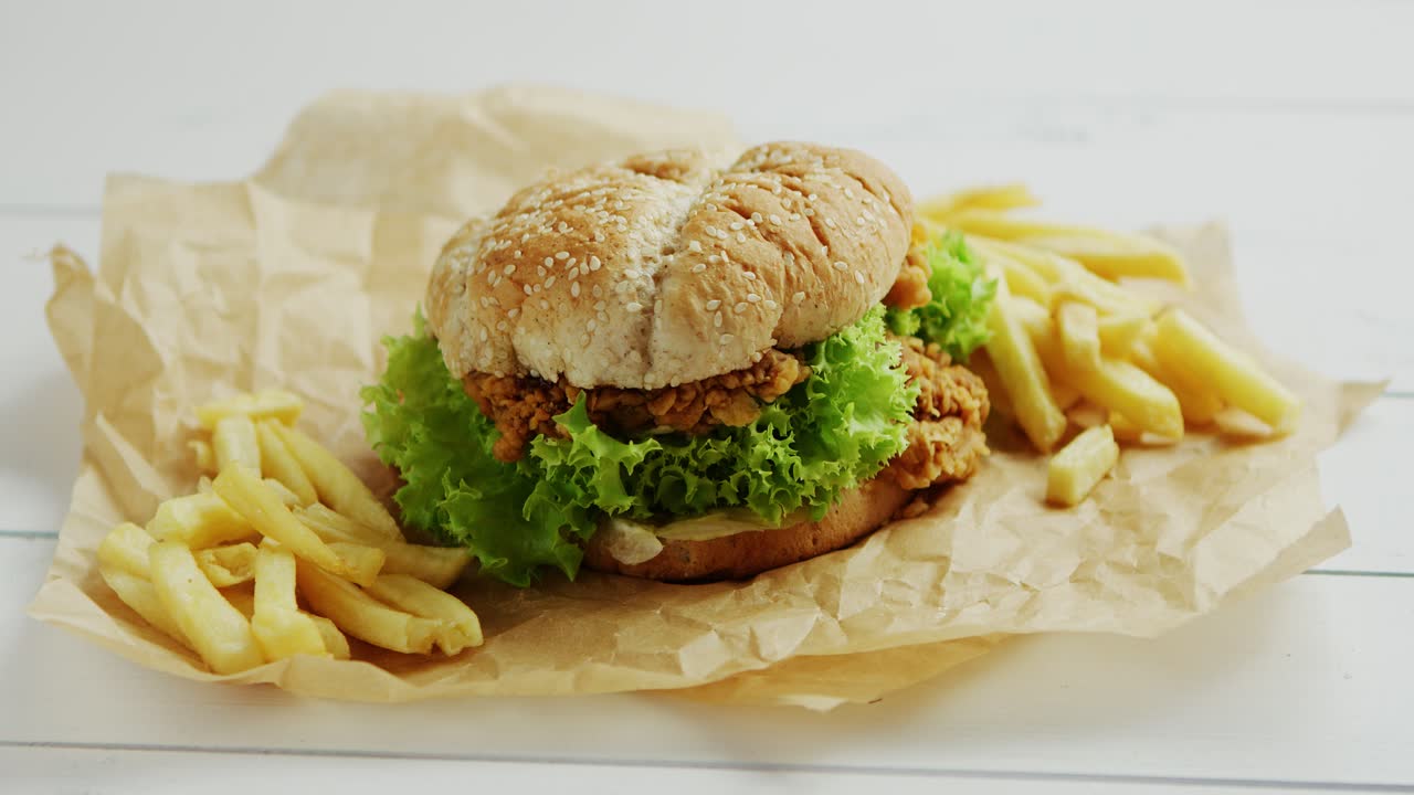 papas fritas y hamburguesa en pergamino