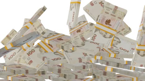 many wads of money falling on table. 100 ukrainian hryvnia banknotes. stacks of money.