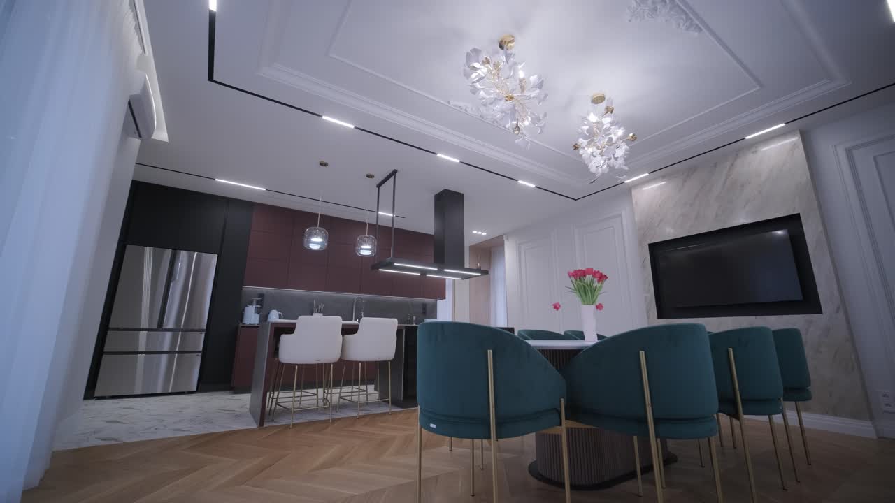 lujoso espacio de vivienda de planta abierta con piso de madera de espina de pescado, una isla de cocina de mármol, y una mezcla de luminarias clásicas y modernas para una sensación chic y aireada