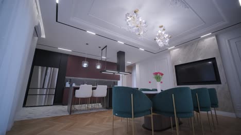 luxurious open-plan living space with herringbone wood flooring, a marble kitchen island, and a mix of classic and modern lighting fixtures for a chic, airy feel