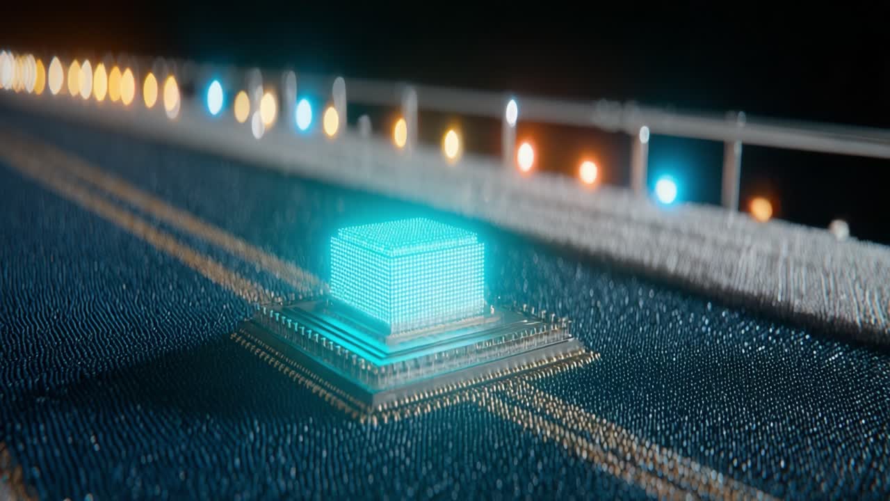Luminous central processing unit sending digital information through a futuristic circuit board, representing advanced technology, data flow, and artificial intelligence innovation in computing