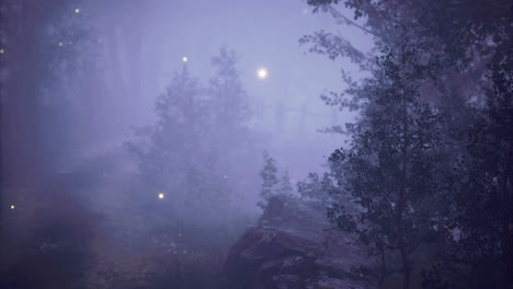 enchanted forest with soft mist and glowing lights at twilight