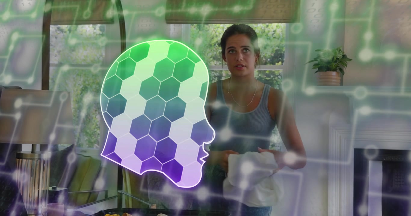 Woman lifting shirt inspecting fabric then folding and stacking garments with hex-grid tech overlay