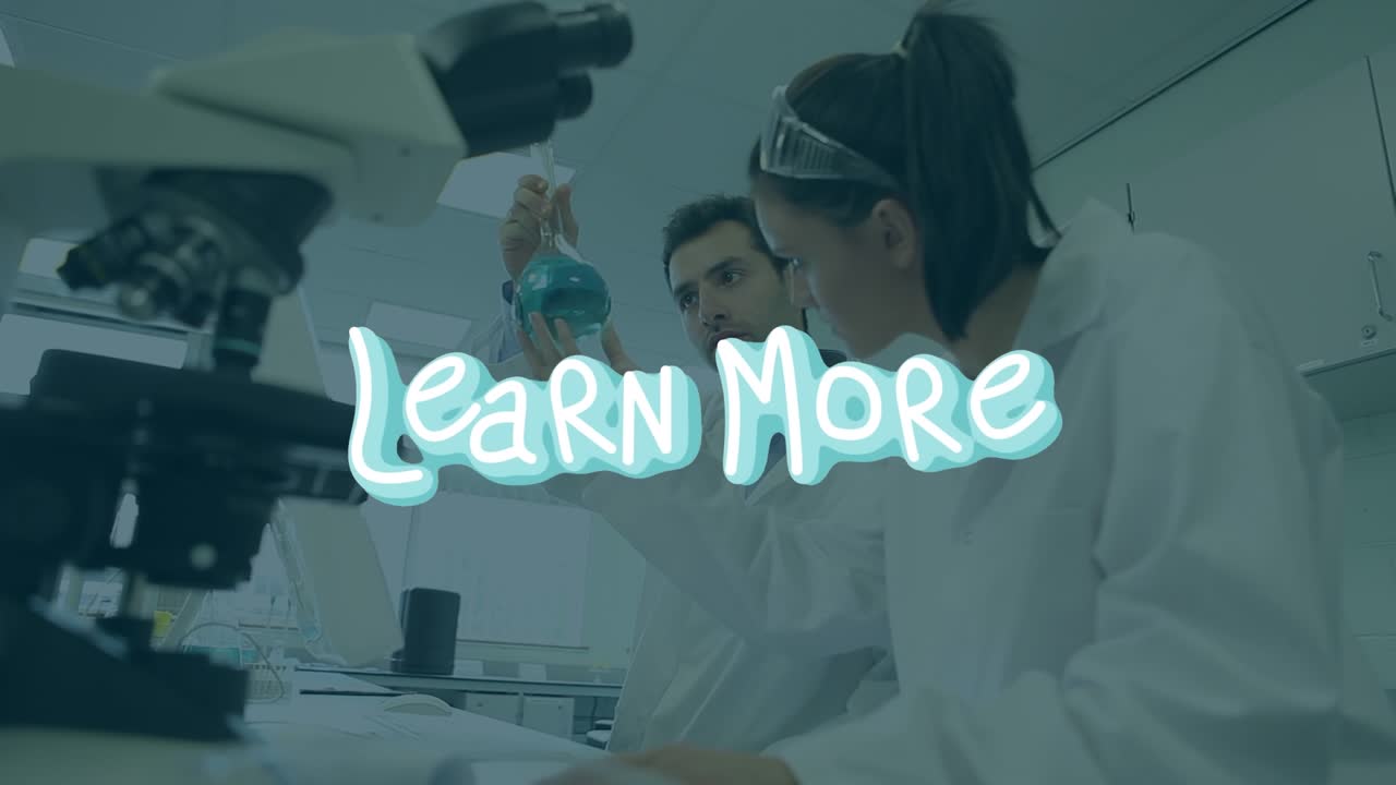 Animation of learn more over caucasian lab workers